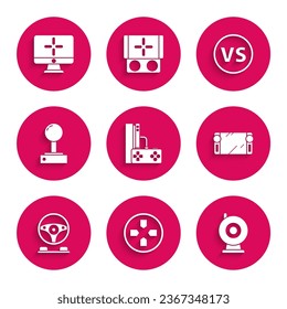 Set Game console with joystick, Gamepad, Web camera, Portable video game, Racing simulator cockpit, Joystick for arcade machine, VS Versus battle and Computer monitor icon. Vector