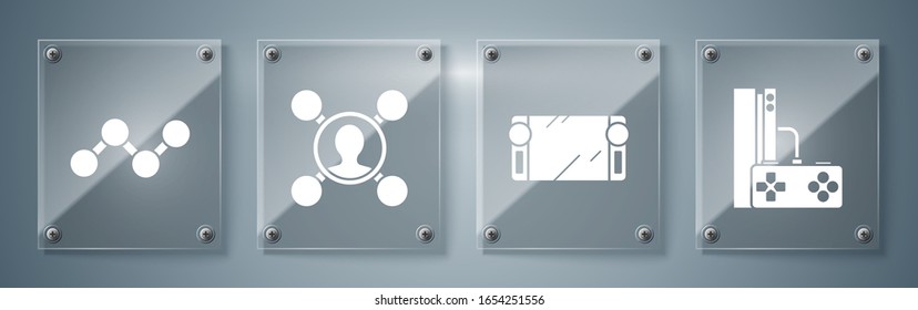 Set Game console with joystick, Portable video game console, Share and Share. Square glass panels. Vector