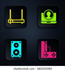 Set Game console with joystick, Router and wi-fi signal, Stereo speaker and Create account screen. Black square button. Vector