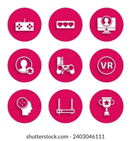 Configura la consola de juego con joystick, señal de enrutador y wi-fi, copa de premio, gafas de realidad virtual, concepto de caza de cabezas, pantalla de creación de cuenta Premium, icono Crear y Gamepad. Vector