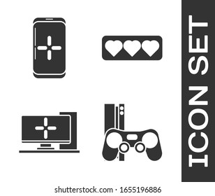 Set Game console with joystick, Smartphone and playing in game, Computer monitor and Like and heart icon. Vector