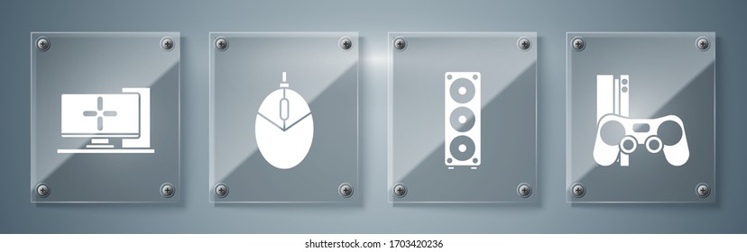 Set Game console with joystick, Stereo speaker, Computer mouse gaming and Computer monitor. Square glass panels. Vector