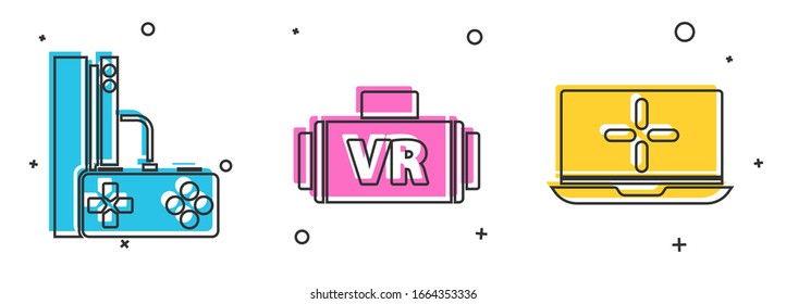 Set Game console with joystick, Virtual reality glasses and Laptop icon. Vector