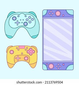 Set of game consoles, gamepads. Vector, pastel, cartoon graphics. Elements for design and illustrations.