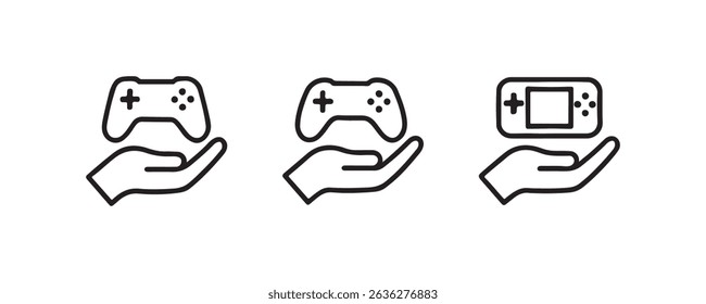 Set of game controller icons with hands in minimalist style.
