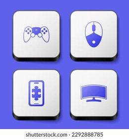 Set Game controller or joystick, Computer mouse, Mobile gaming and monitor icon. White square button. Vector