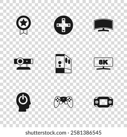 Set Game controller or joystick, Computer monitor, Portable video game console, Case of computer, rating with medal,  and Web camera icon. Vector