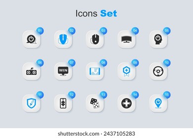 Establecer el controlador de juego o joystick, medalla, ratón del ordenador, espada para el juego, botón de encendido, simulador de carreras, y el icono de la videoconsola portátil. Vector