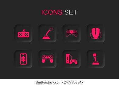 Set Game controller or joystick, Microphone, console with, Computer mouse, Gear shifter,  and Mobile gaming icon. Vector