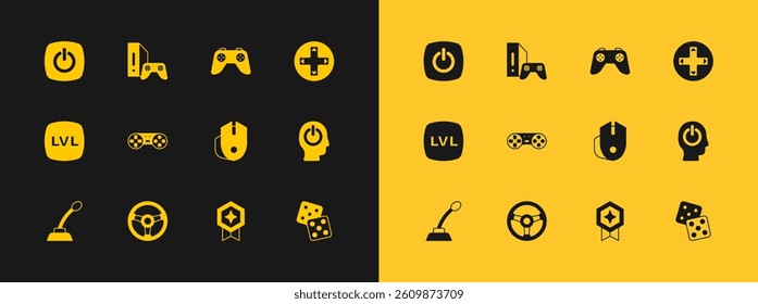 Set Game controller or joystick, Racing simulator, Computer mouse, rating with medal, Power button and console icon. Vector