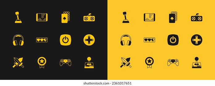 Set Game controller or joystick, rating with medal, Power button, life bar, Playing cards, Gear shifter and Portable video game console icon. Vector