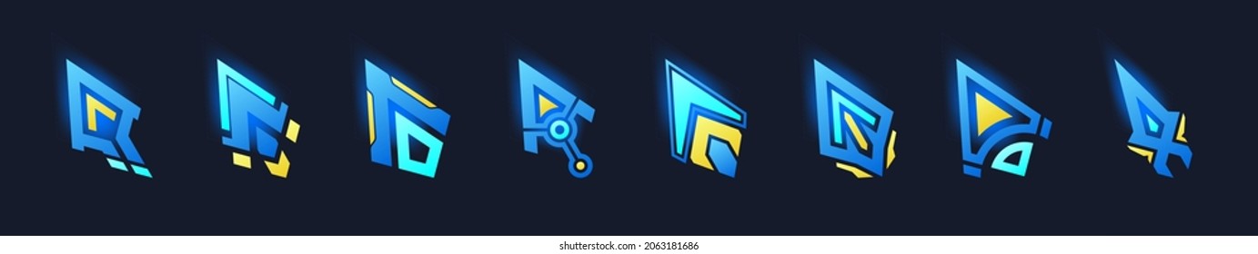 Set of game cursors or pointers icons, click arrows graphic design elements for user interface navigation, cartoon pointing symbols in technology style isolated on black background Vector illustration