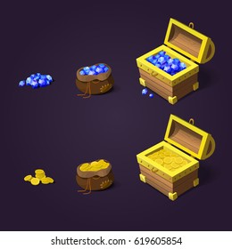 Set of game design treasures. Cartoon chest and bag with golden coins and gemstones.