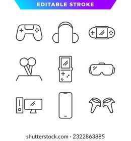 Juego de iconos de esquema de dispositivo de juego. Joypad, audífonos, realidad virtual, computadora, gameboy y más. Stroke editable. Vector Eps 10