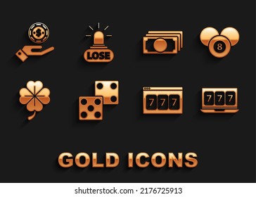 Set Game dice, Billiard pool snooker 8 ball, Online slot machine with lucky sevens jackpot, Four leaf clover, Stacks paper money cash, Hand holding casino chips and Casino losing icon. Vector