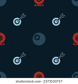 Set Game dice, Billiard pool snooker ball and Classic dart board and arrow on seamless pattern. Vector