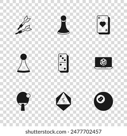 Set Game dice, Billiard pool snooker ball, Domino, Playing cards, Dart arrow, Chess pawn and Chip for board game icon. Vector