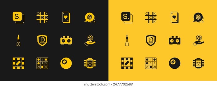 Set Game dice, Bingo card, Time chess clock, Billiard pool snooker ball, Chess, Playing cards,  and Tic tac toe game icon. Vector