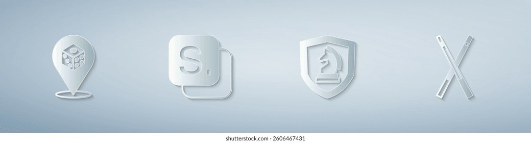 Set Game dice, Bingo, Chess and Crossed billiard cues. Paper art style. Vector