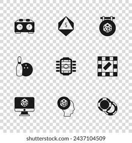 Set Game dice, Board game, Casino chips, Table football, Time chess clock,  and Bowling pin and icon. Vector