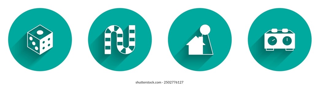 Set Game dice, Board game, Chip for board and Time chess clock icon with long shadow. Vector