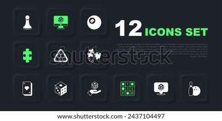 Set Game dice, Bowling pin and ball, Billiard balls triangle, Bingo card, Puzzle pieces toy,  and  icon. Vector
