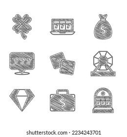 Juego dados de juego, Maletín y dinero, Máquina tragamonedas con jackpot, Lotería, Diamante, Bolsa de dinero y icono de la ranura del Casino. Vector