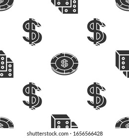 Ajusta los dados de juego, fichas de Casino con símbolo de dólar y símbolo de dólar en un patrón ininterrumpido. Vector
