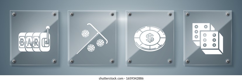 Set Game dice, Casino chip with dollar symbol, Stick for chips and Slot machine. Square glass panels. Vector