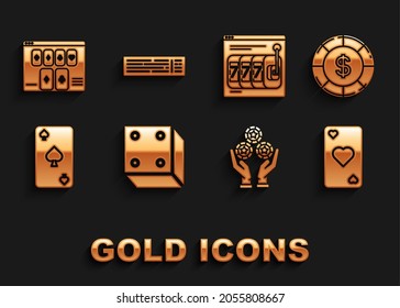 Set Game Dice, Casino Chip With Dollar Symbol, Playing Card Heart, Hand Holding Casino Chips, Spades, Online Slot Machine Lucky Sevens Jackpot, Poker Table Game And Deck Of Playing Cards Icon. Vector