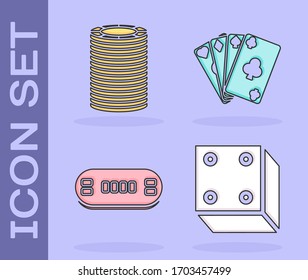 Set Game dice, Casino chips, Poker table and Playing cards icon. Vector