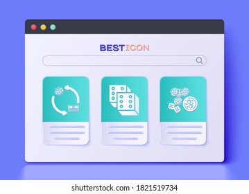Set Game dice, Casino chips exchange on stacks of dollars and Casino chips, game dice and glass of whiskey with ice cubes icon. Vector