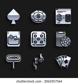 Set Game dice, Casino chips exchange on stacks of dollars, Playing cards, signboard, Glass whiskey and cubes, Online casino and with spades symbol icon. Vector