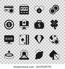 Set Game dice, Casino chips, slot machine with clover, Lottery ball on bingo card, Online poker table game, Credit and Briefcase and money icon. Vector