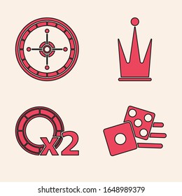 Set Game dice, Casino roulette wheel, Crown and Casino chips icon. Vector