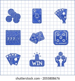 Set Game dice, Casino win, Hand holding casino chips, Playing cards, Online slot machine with lucky sevens jackpot, playing and  icon. Vector