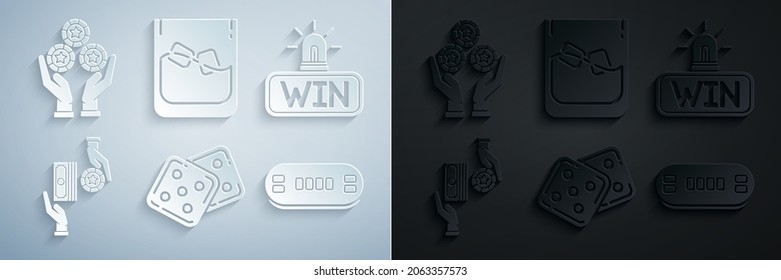 Set Game dice, Casino win, chips exchange on stacks of dollars, Poker table, Glass whiskey and cubes and Hand holding casino icon. Vector