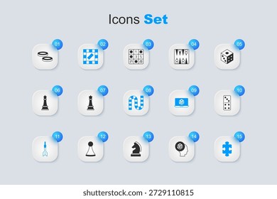 Juego de dados, ajedrez, juego de Tablero, flecha de dardo, piezas de rompecabezas de juguete, dominó, fichas de dama e icono. Vector