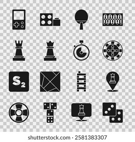 Set Game dice, Chess, Casino roulette wheel, Racket, Tetris and Stopwatch icon. Vector