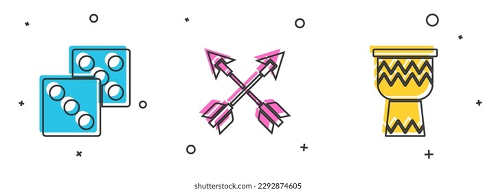 Set Game dice, Crossed arrows and Drum icon. Vector