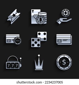 Set Game dice, Crown, Casino chip with dollar, Credit card, Slot machine lucky sevens jackpot, Hand holding casino chips and Lottery ticket icon. Vector
