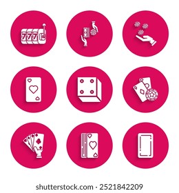 Set Game dice, Deck of playing cards, Playing back, Casino chip and, Hand holding, with heart symbol, casino chips and Slot machine lucky sevens jackpot icon. Vector