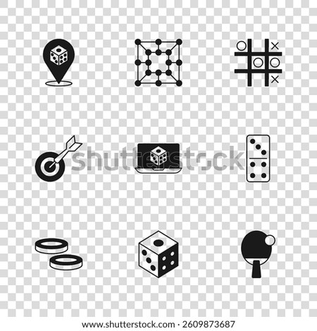 Set Game dice, Domino, Racket, Tic tac toe game, Board and Classic dart board and arrow icon. Vector