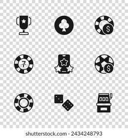 Set Game dice, Football betting money, Slot machine, Online sports, Casino chips, poker trophy cup, Playing card with clubs symbol and  icon. Vector