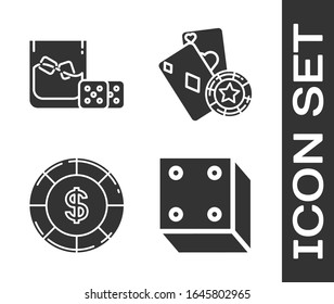 Set Game dice, Game dice and glass of whiskey with ice cubes, Casino chip with dollar symbol and Casino chip and playing cards icon. Vector