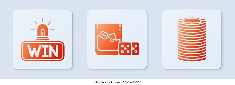 Set Game dice and glass of whiskey with ice cubes, Casino win and Casino chips. White square button. Vector