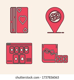 Set Game dice and glass of whiskey with ice cubes, Deck of playing cards, Casino location and Online poker table game icon. Vector