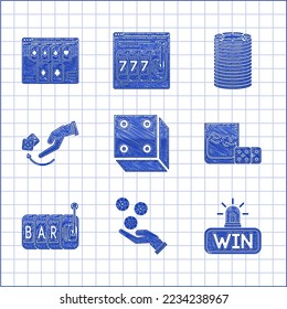 Set Game dice, Hand holding casino chips, Casino win, glass of whiskey with cubes, Slot machine, Human hand throwing game,  and Online poker table icon. Vector