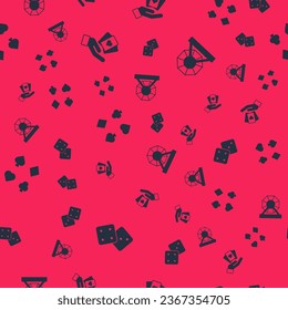Set Game dice, Hand holding playing cards, Deck of and Lottery machine on seamless pattern. Vector