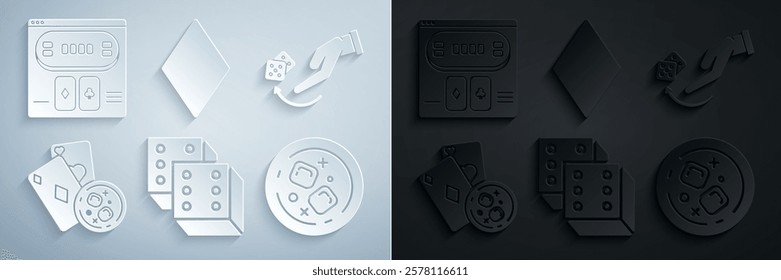 Set Game dice, Human hand throwing game, Playing cards glass of whiskey with cubes, Glass, diamonds symbol and Online poker table icon. Vector